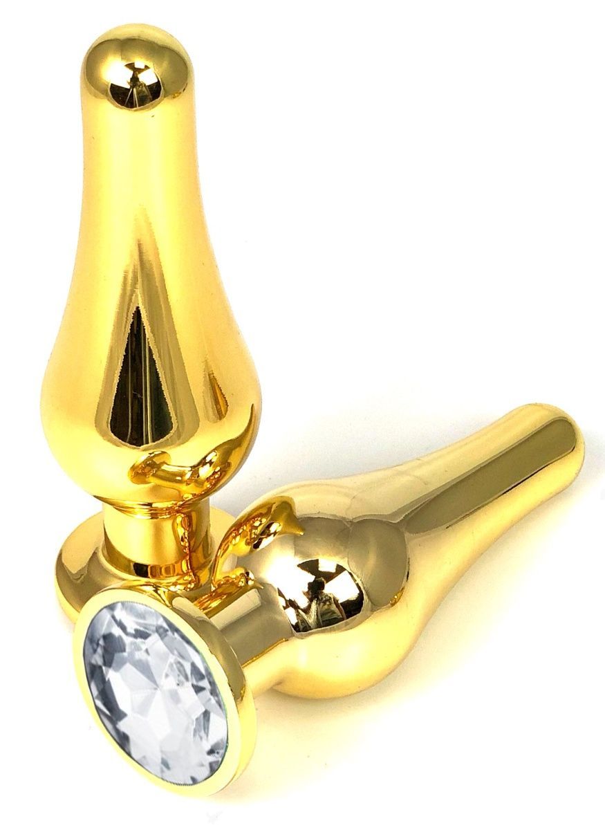 Золотистая удлиненная анальная пробка с прозрачным кристаллом - 10 см.